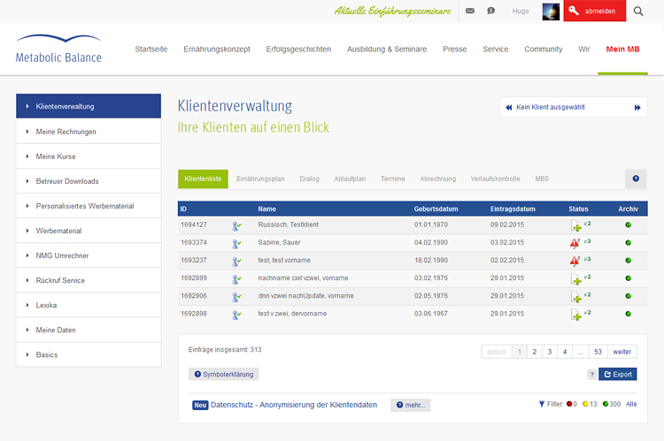 Das Portal von metabolic balance® – Unterschiedliche Benutzergruppen haben Zugang zu unterschiedlichen Bereichen. Das Bild zeigt den Startbildschirm für angemeldete Betreuer.